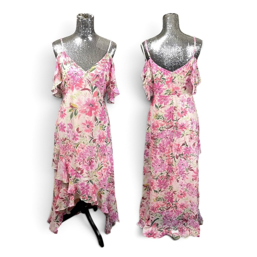 Pink Floral Chiffon Ruffle Asymmetrical Maxi Dress Y2K Fairy Cottagecore Large